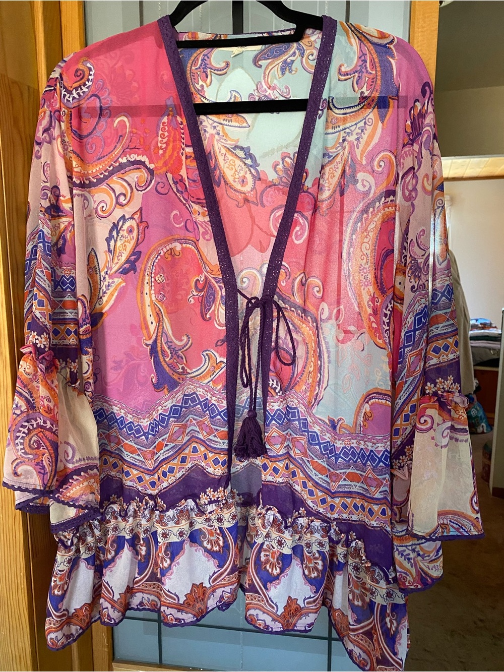 easel Pink Purple Paisley Sheer Tie-Front Jacket
